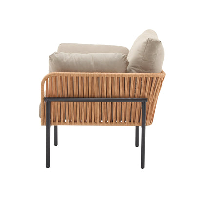 Beige and Light Wood - Tone Rope Iron Lounge Chair with Cushions for Natural and Modern Spaces - 1st Choice Furniture Direct