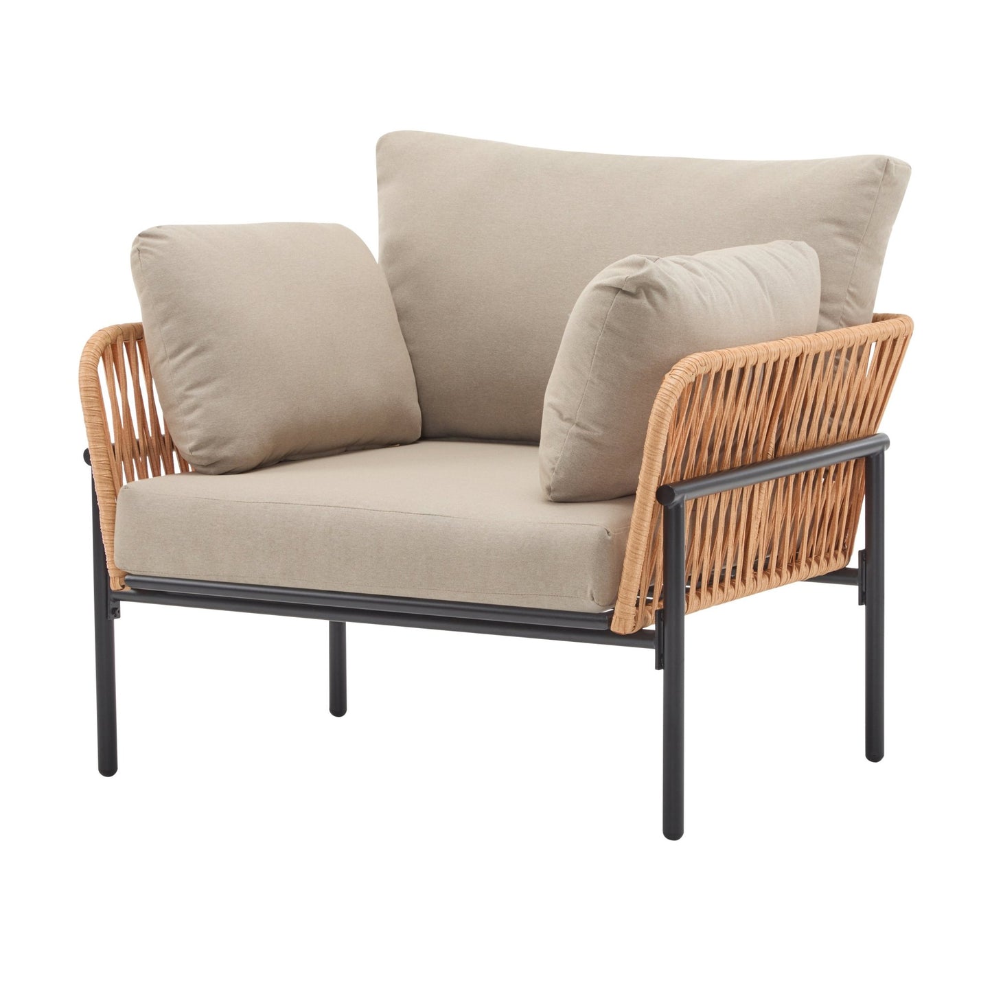 Beige and Light Wood - Tone Rope Iron Lounge Chair with Cushions for Natural and Modern Spaces - 1st Choice Furniture Direct