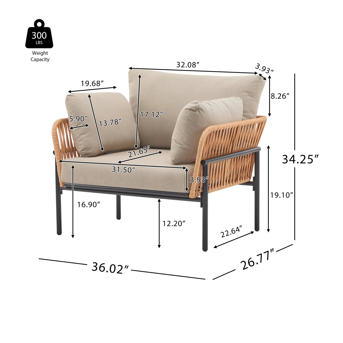 Beige and Light Wood - Tone Rope Iron Lounge Chair with Cushions for Natural and Modern Spaces - 1st Choice Furniture Direct