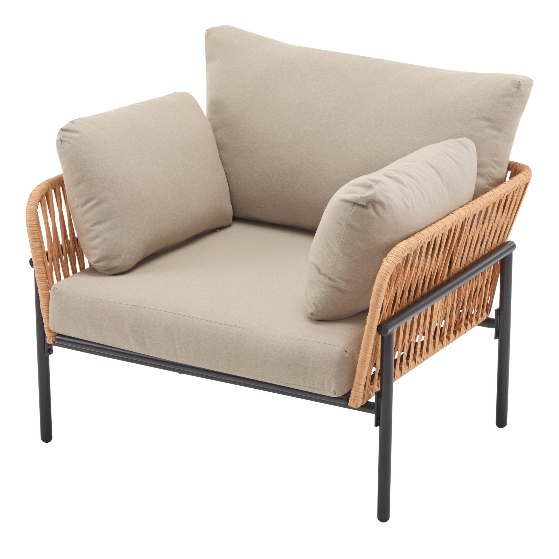 Beige and Light Wood - Tone Rope Iron Lounge Chair with Cushions for Natural and Modern Spaces - 1st Choice Furniture Direct