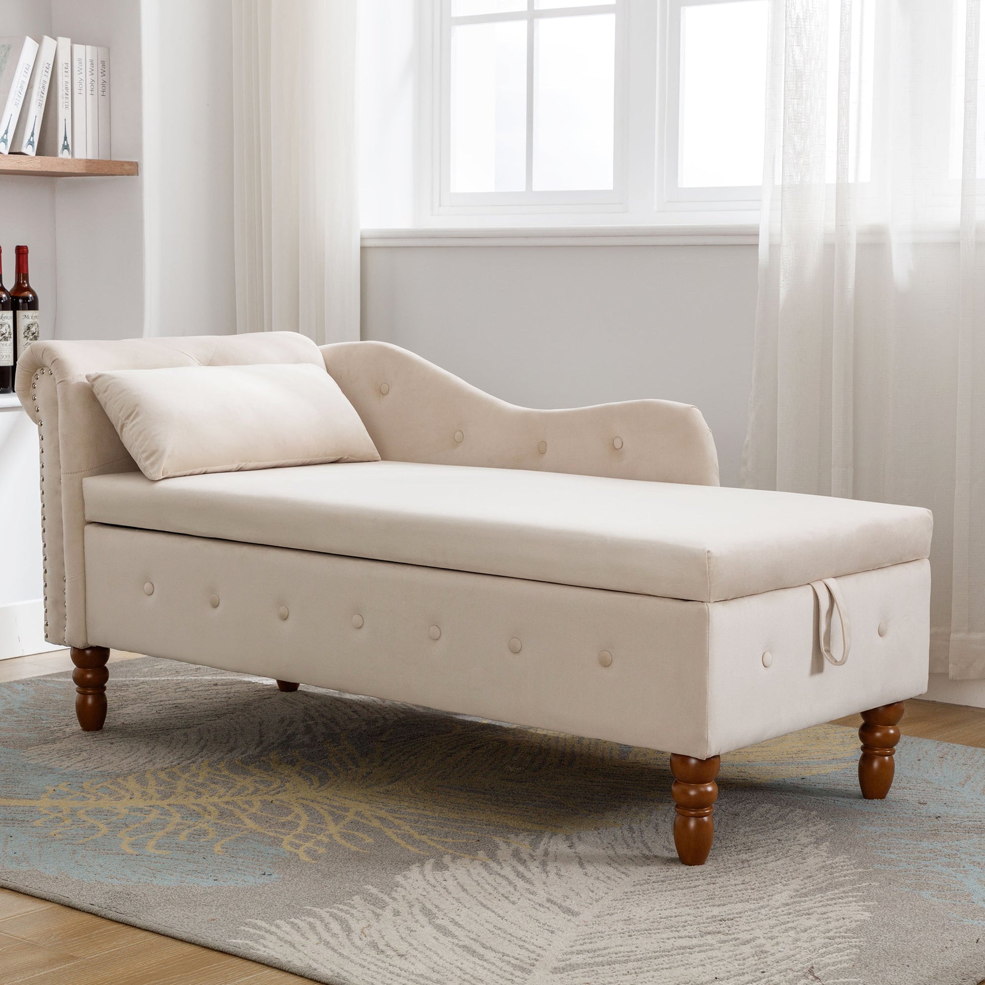 Beige Chaise Lounge Indoor, Velvet Lounge Chair for Bedroom with Storage & Pillow, Modern Upholstered Rolled Arm Chase Lounge for Sleeping with Nailhead Trim for Living Room Bedroom Office - 1st Choice Furniture Direct
