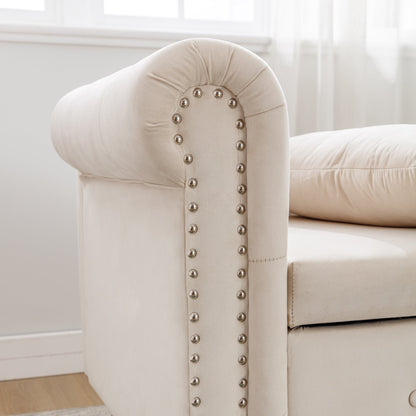 Beige Chaise Lounge Indoor, Velvet Lounge Chair for Bedroom with Storage & Pillow, Modern Upholstered Rolled Arm Chase Lounge for Sleeping with Nailhead Trim for Living Room Bedroom Office - 1st Choice Furniture Direct