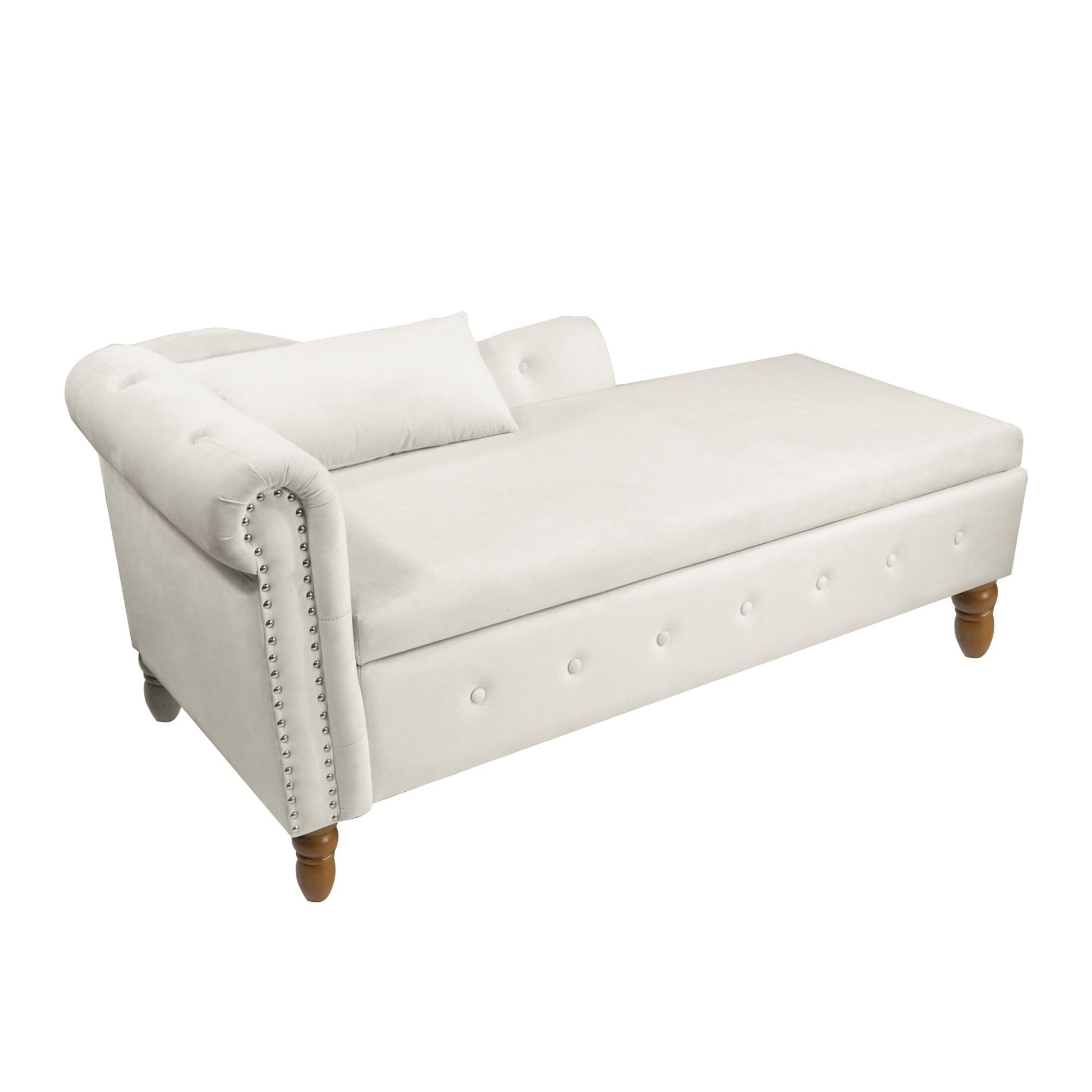 Beige Chaise Lounge Indoor, Velvet Lounge Chair for Bedroom with Storage & Pillow, Modern Upholstered Rolled Arm Chase Lounge for Sleeping with Nailhead Trim for Living Room Bedroom Office - 1st Choice Furniture Direct