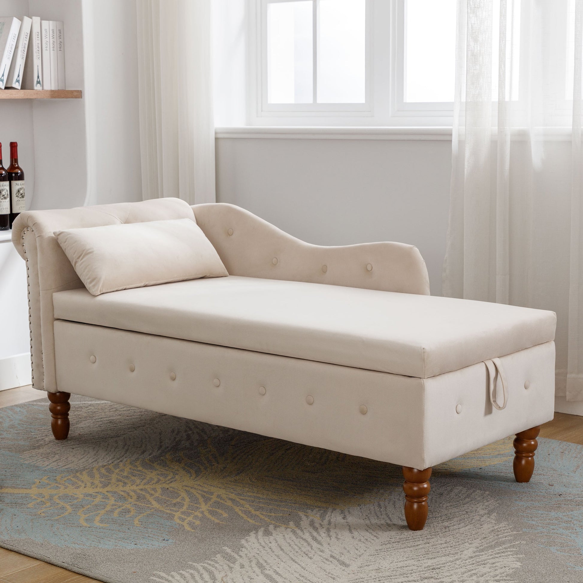 Beige Chaise Lounge Indoor, Velvet Lounge Chair for Bedroom with Storage & Pillow, Modern Upholstered Rolled Arm Chase Lounge for Sleeping with Nailhead Trim for Living Room Bedroom Office - 1st Choice Furniture Direct