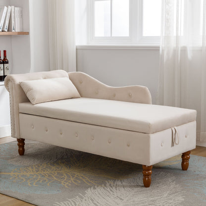 Beige Chaise Lounge Indoor, Velvet Lounge Chair for Bedroom with Storage & Pillow, Modern Upholstered Rolled Arm Chase Lounge for Sleeping with Nailhead Trim for Living Room Bedroom Office - 1st Choice Furniture Direct