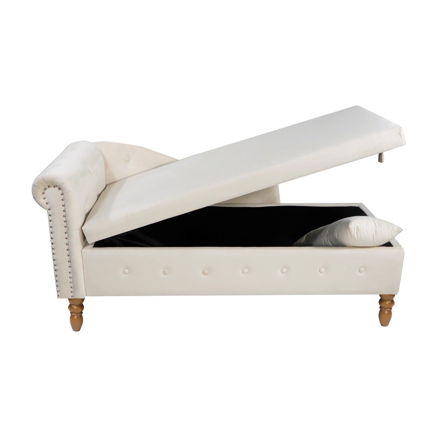 Beige Chaise Lounge Indoor, Velvet Lounge Chair for Bedroom with Storage & Pillow, Modern Upholstered Rolled Arm Chase Lounge for Sleeping with Nailhead Trim for Living Room Bedroom Office - 1st Choice Furniture Direct