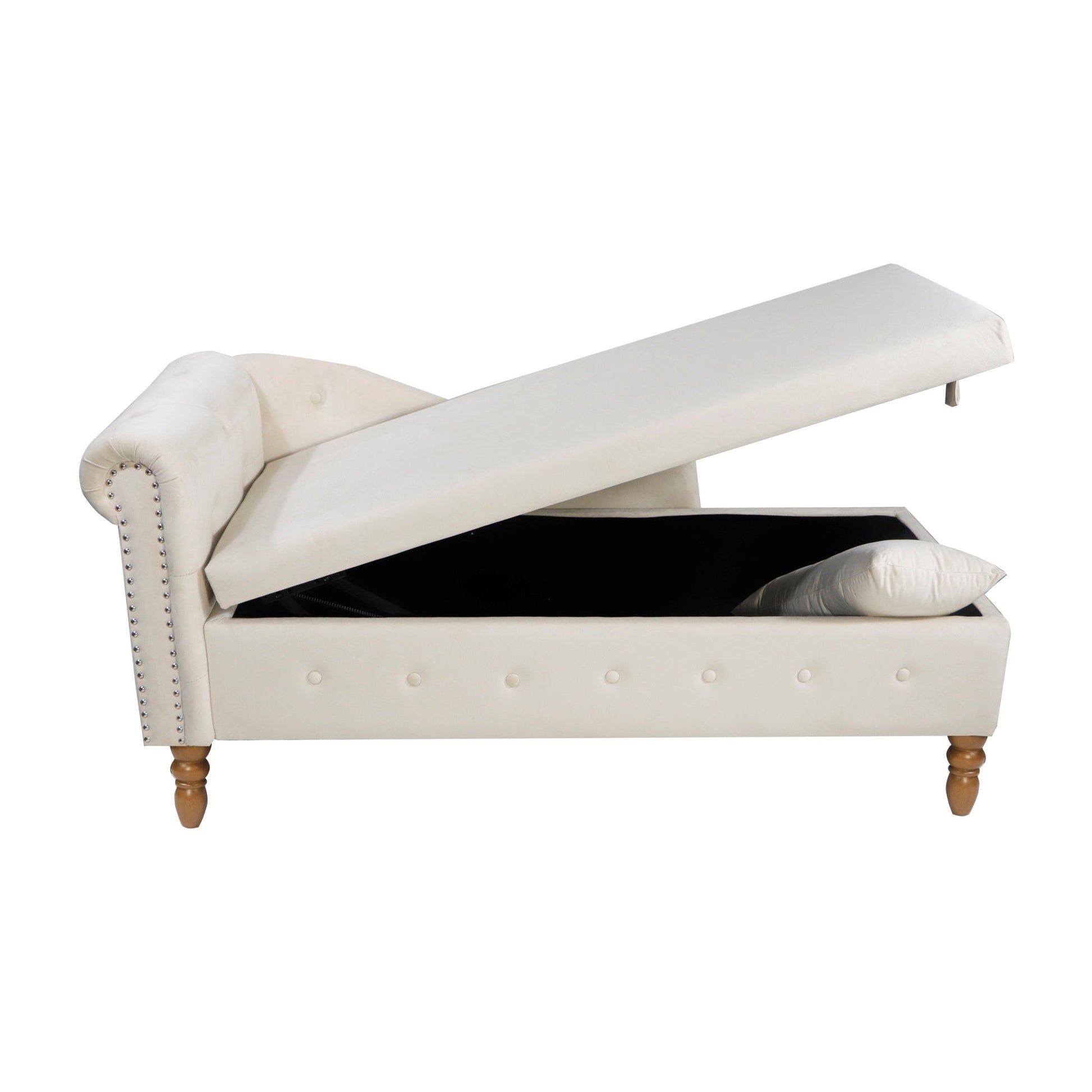 Beige Chaise Lounge Indoor, Velvet Lounge Chair for Bedroom with Storage & Pillow, Modern Upholstered Rolled Arm Chase Lounge for Sleeping with Nailhead Trim for Living Room Bedroom Office - 1st Choice Furniture Direct