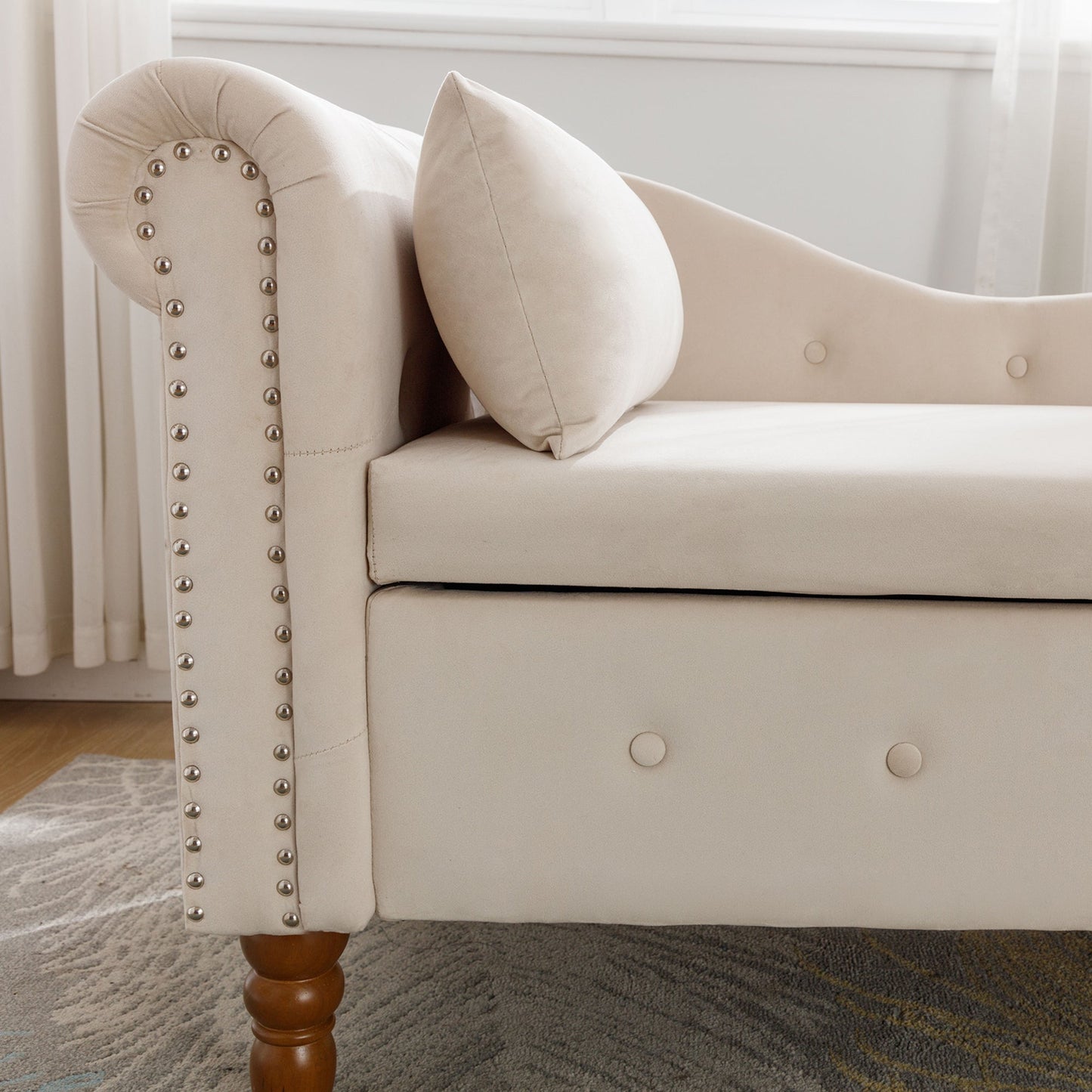 Beige Chaise Lounge Indoor, Velvet Lounge Chair for Bedroom with Storage & Pillow, Modern Upholstered Rolled Arm Chase Lounge for Sleeping with Nailhead Trim for Living Room Bedroom Office - 1st Choice Furniture Direct