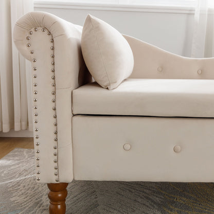 Beige Chaise Lounge Indoor, Velvet Lounge Chair for Bedroom with Storage & Pillow, Modern Upholstered Rolled Arm Chase Lounge for Sleeping with Nailhead Trim for Living Room Bedroom Office - 1st Choice Furniture Direct
