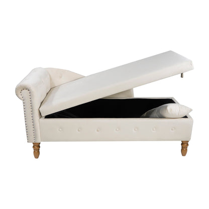Beige Chaise Lounge Indoor, Velvet Lounge Chair for Bedroom with Storage & Pillow, Modern Upholstered Rolled Arm Chase Lounge for Sleeping with Nailhead Trim for Living Room Bedroom Office - 1st Choice Furniture Direct
