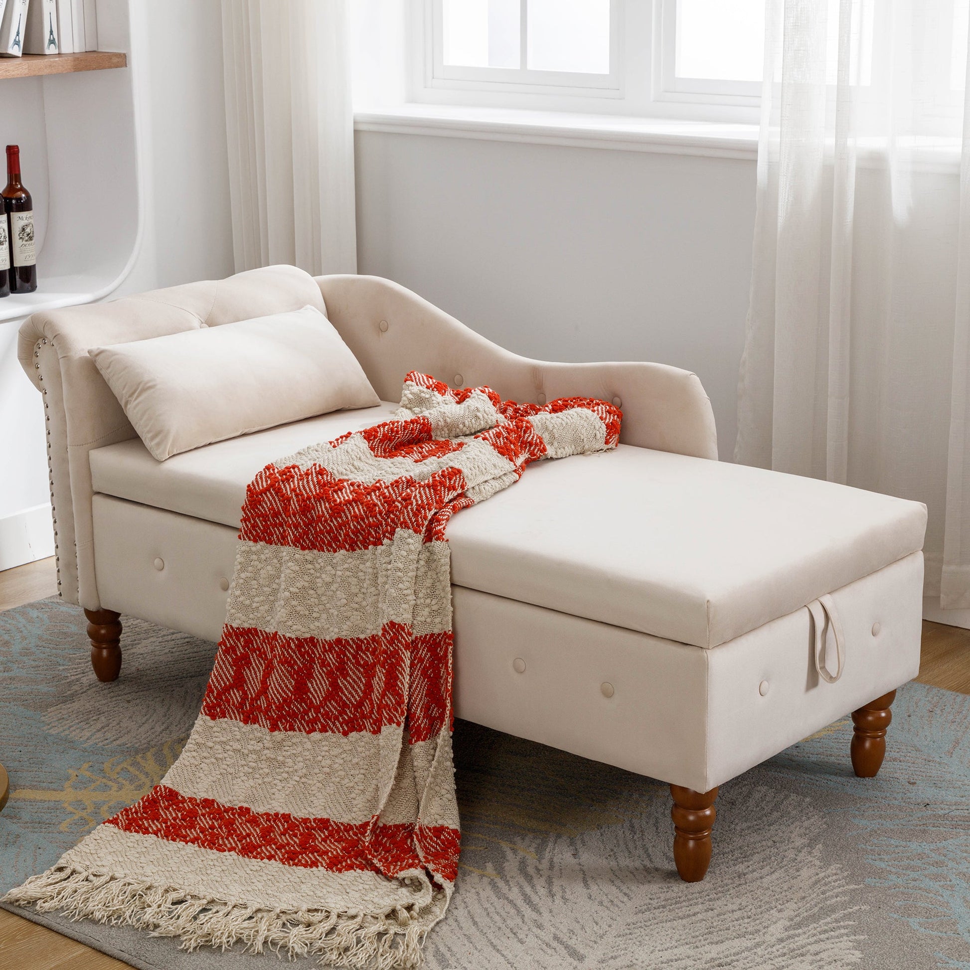 Beige Chaise Lounge Indoor, Velvet Lounge Chair for Bedroom with Storage & Pillow, Modern Upholstered Rolled Arm Chase Lounge for Sleeping with Nailhead Trim for Living Room Bedroom Office - 1st Choice Furniture Direct