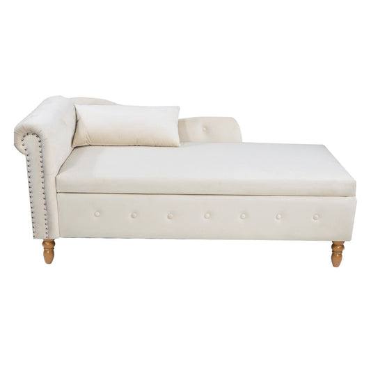 Beige Chaise Lounge Indoor, Velvet Lounge Chair for Bedroom with Storage & Pillow, Modern Upholstered Rolled Arm Chase Lounge for Sleeping with Nailhead Trim for Living Room Bedroom Office - 1st Choice Furniture Direct