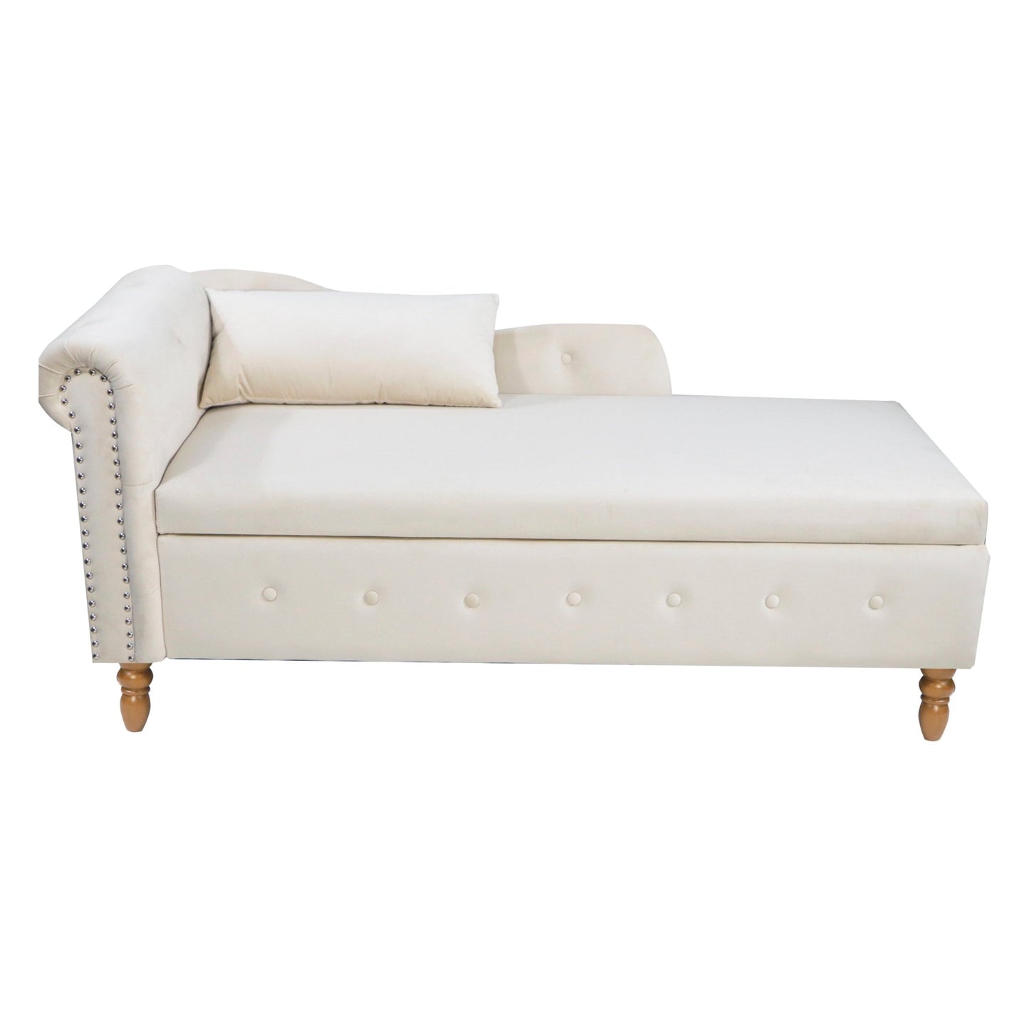Beige Chaise Lounge Indoor, Velvet Lounge Chair for Bedroom with Storage & Pillow, Modern Upholstered Rolled Arm Chase Lounge for Sleeping with Nailhead Trim for Living Room Bedroom Office - 1st Choice Furniture Direct