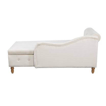 Beige Chaise Lounge Indoor, Velvet Lounge Chair for Bedroom with Storage & Pillow, Modern Upholstered Rolled Arm Chase Lounge for Sleeping with Nailhead Trim for Living Room Bedroom Office - 1st Choice Furniture Direct