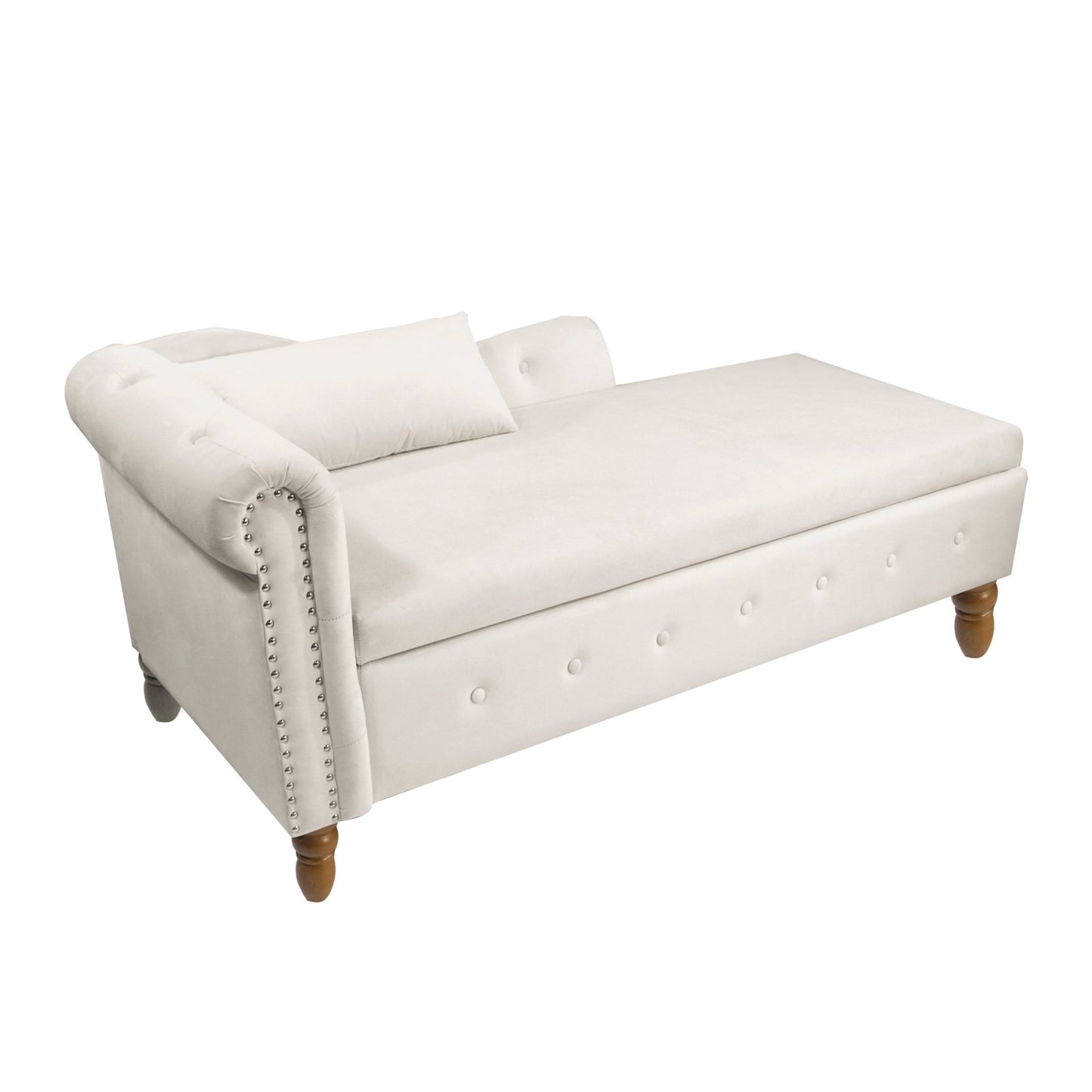 Beige Chaise Lounge Indoor, Velvet Lounge Chair for Bedroom with Storage & Pillow, Modern Upholstered Rolled Arm Chase Lounge for Sleeping with Nailhead Trim for Living Room Bedroom Office - 1st Choice Furniture Direct