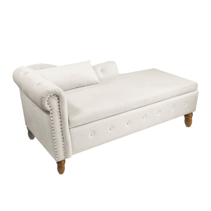 Beige Chaise Lounge Indoor, Velvet Lounge Chair for Bedroom with Storage & Pillow, Modern Upholstered Rolled Arm Chase Lounge for Sleeping with Nailhead Trim for Living Room Bedroom Office - 1st Choice Furniture Direct