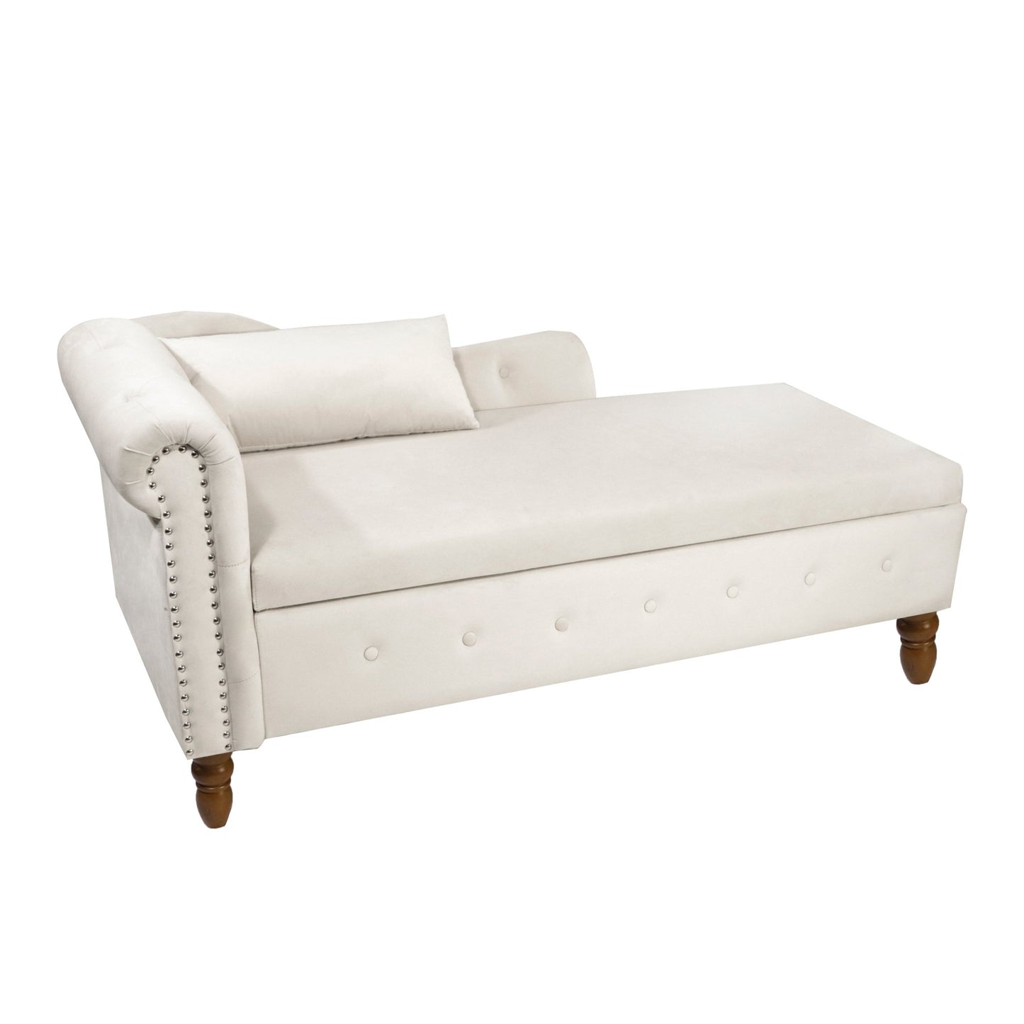 Beige Chaise Lounge Indoor, Velvet Lounge Chair for Bedroom with Storage & Pillow, Modern Upholstered Rolled Arm Chase Lounge for Sleeping with Nailhead Trim for Living Room Bedroom Office - 1st Choice Furniture Direct