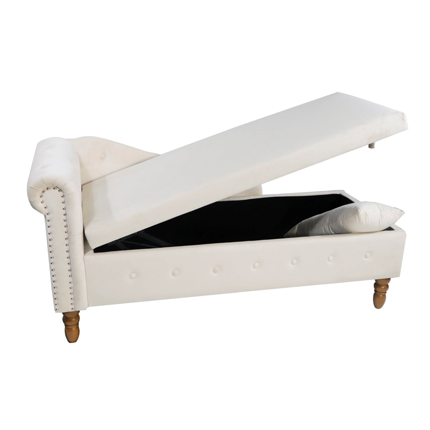 Beige Chaise Lounge Indoor, Velvet Lounge Chair for Bedroom with Storage & Pillow, Modern Upholstered Rolled Arm Chase Lounge for Sleeping with Nailhead Trim for Living Room Bedroom Office - 1st Choice Furniture Direct