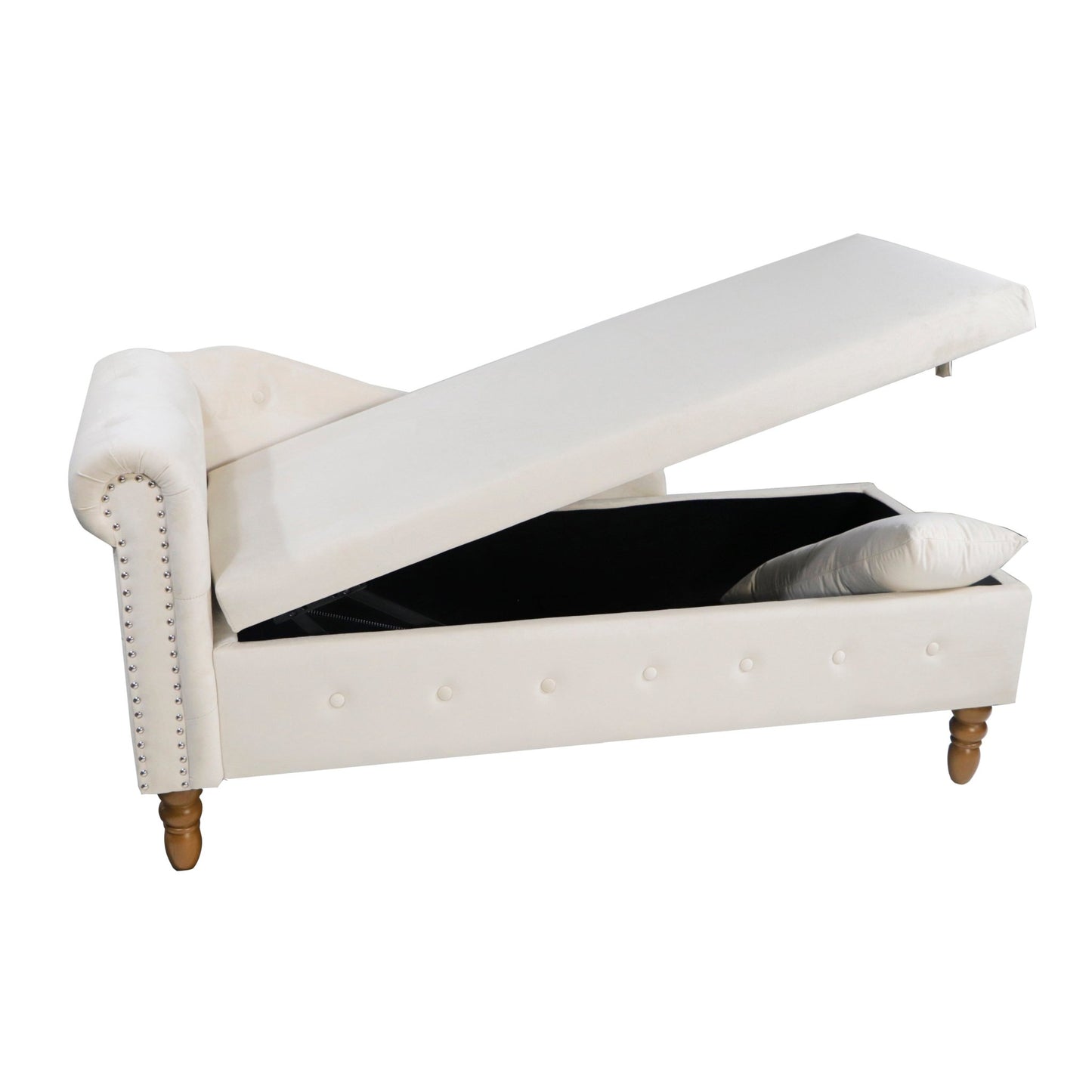 Beige Chaise Lounge Indoor, Velvet Lounge Chair for Bedroom with Storage & Pillow, Modern Upholstered Rolled Arm Chase Lounge for Sleeping with Nailhead Trim for Living Room Bedroom Office - 1st Choice Furniture Direct
