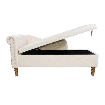 Beige Chaise Lounge Indoor, Velvet Lounge Chair for Bedroom with Storage & Pillow, Modern Upholstered Rolled Arm Chase Lounge for Sleeping with Nailhead Trim for Living Room Bedroom Office - 1st Choice Furniture Direct
