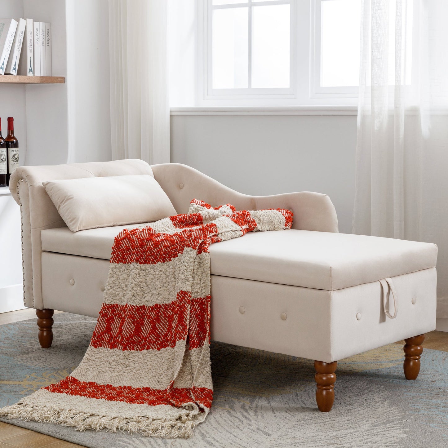 Beige Chaise Lounge Indoor, Velvet Lounge Chair for Bedroom with Storage & Pillow, Modern Upholstered Rolled Arm Chase Lounge for Sleeping with Nailhead Trim for Living Room Bedroom Office - 1st Choice Furniture Direct
