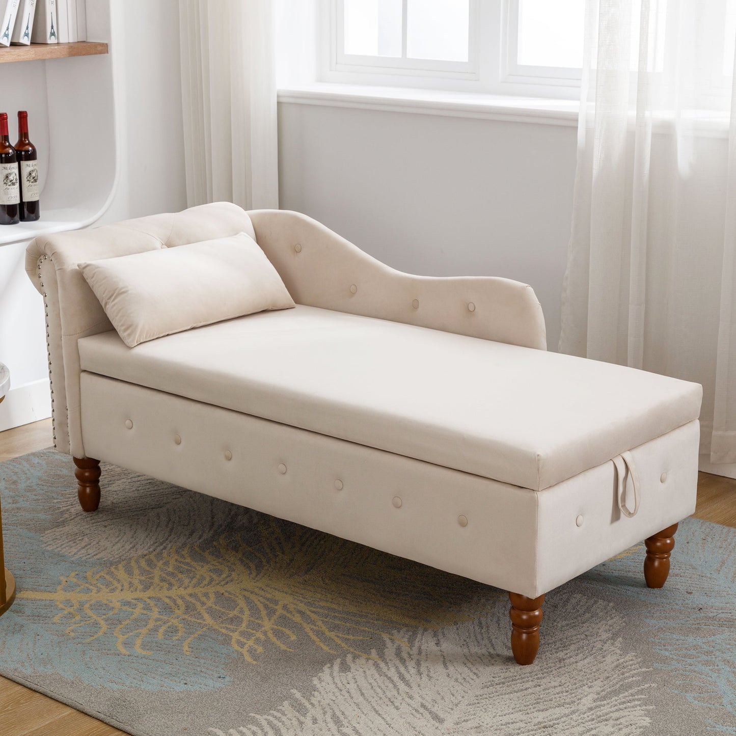Beige Chaise Lounge Indoor, Velvet Lounge Chair for Bedroom with Storage & Pillow, Modern Upholstered Rolled Arm Chase Lounge for Sleeping with Nailhead Trim for Living Room Bedroom Office - 1st Choice Furniture Direct