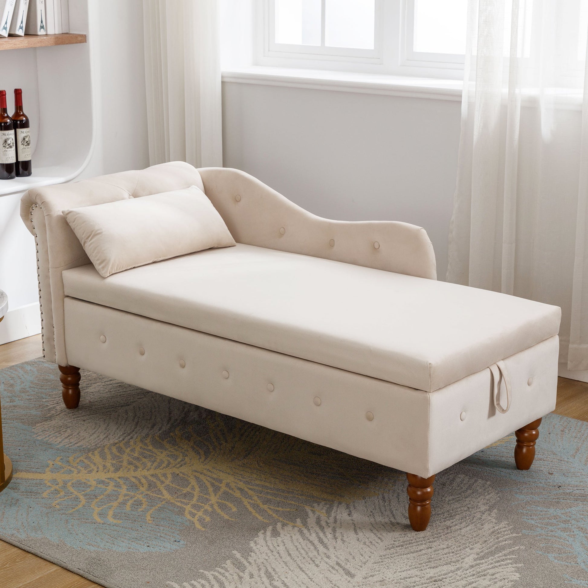 Beige Chaise Lounge Indoor, Velvet Lounge Chair for Bedroom with Storage & Pillow, Modern Upholstered Rolled Arm Chase Lounge for Sleeping with Nailhead Trim for Living Room Bedroom Office - 1st Choice Furniture Direct