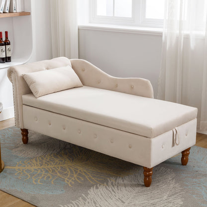 Beige Chaise Lounge Indoor, Velvet Lounge Chair for Bedroom with Storage & Pillow, Modern Upholstered Rolled Arm Chase Lounge for Sleeping with Nailhead Trim for Living Room Bedroom Office - 1st Choice Furniture Direct