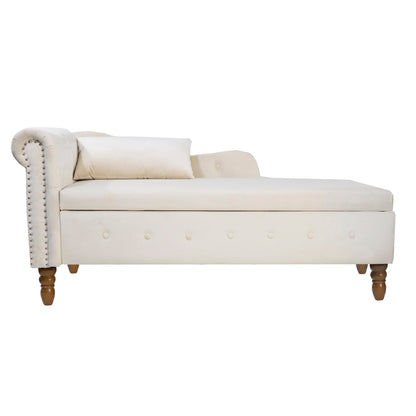 Beige Chaise Lounge Indoor, Velvet Lounge Chair for Bedroom with Storage & Pillow, Modern Upholstered Rolled Arm Chase Lounge for Sleeping with Nailhead Trim for Living Room Bedroom Office - 1st Choice Furniture Direct