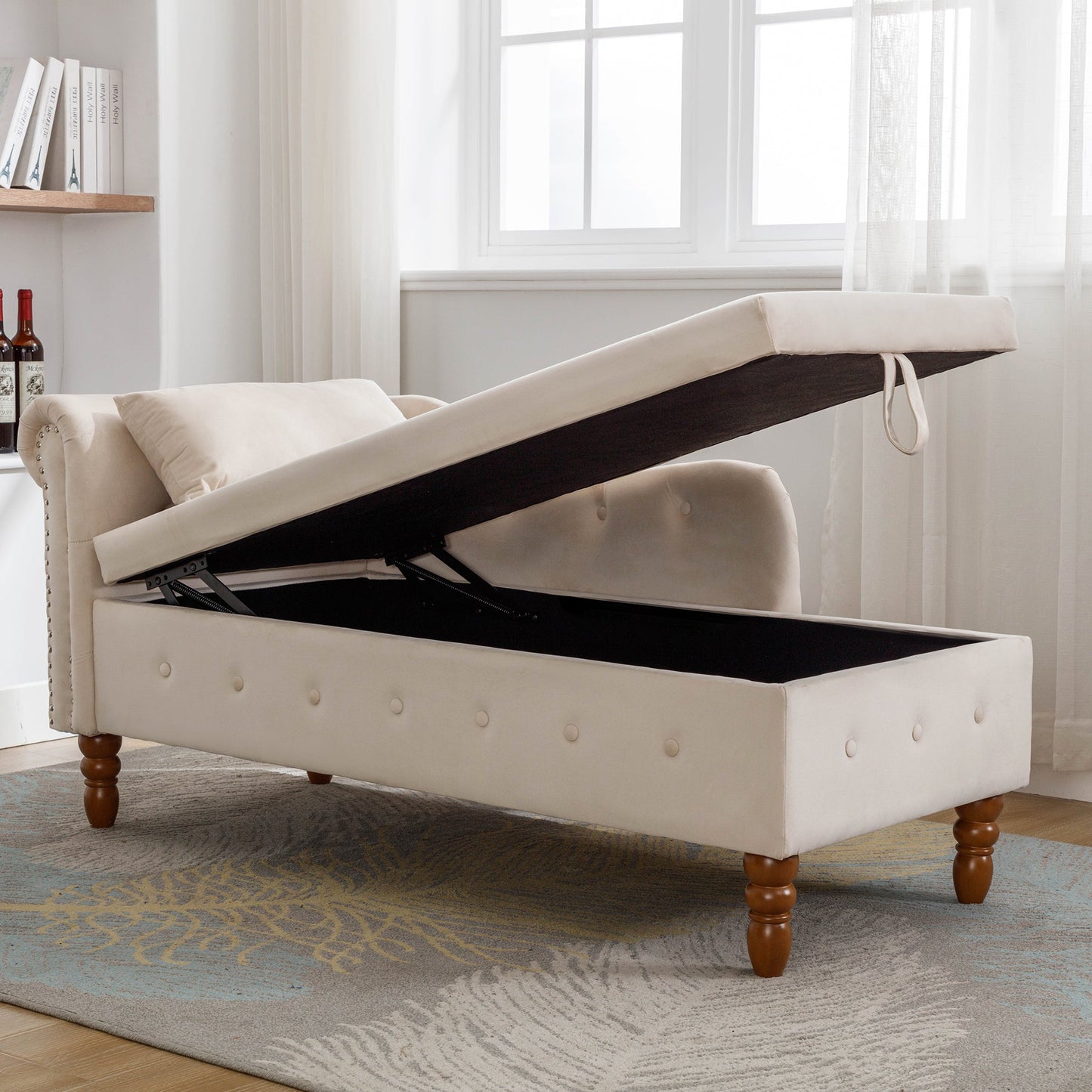 Beige Chaise Lounge Indoor, Velvet Lounge Chair for Bedroom with Storage & Pillow, Modern Upholstered Rolled Arm Chase Lounge for Sleeping with Nailhead Trim for Living Room Bedroom Office - 1st Choice Furniture Direct
