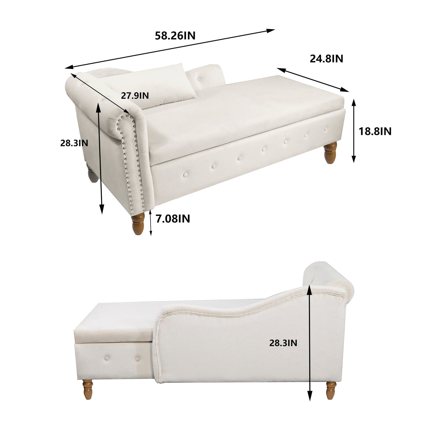 Beige Chaise Lounge Indoor, Velvet Lounge Chair for Bedroom with Storage & Pillow, Modern Upholstered Rolled Arm Chase Lounge for Sleeping with Nailhead Trim for Living Room Bedroom Office - 1st Choice Furniture Direct