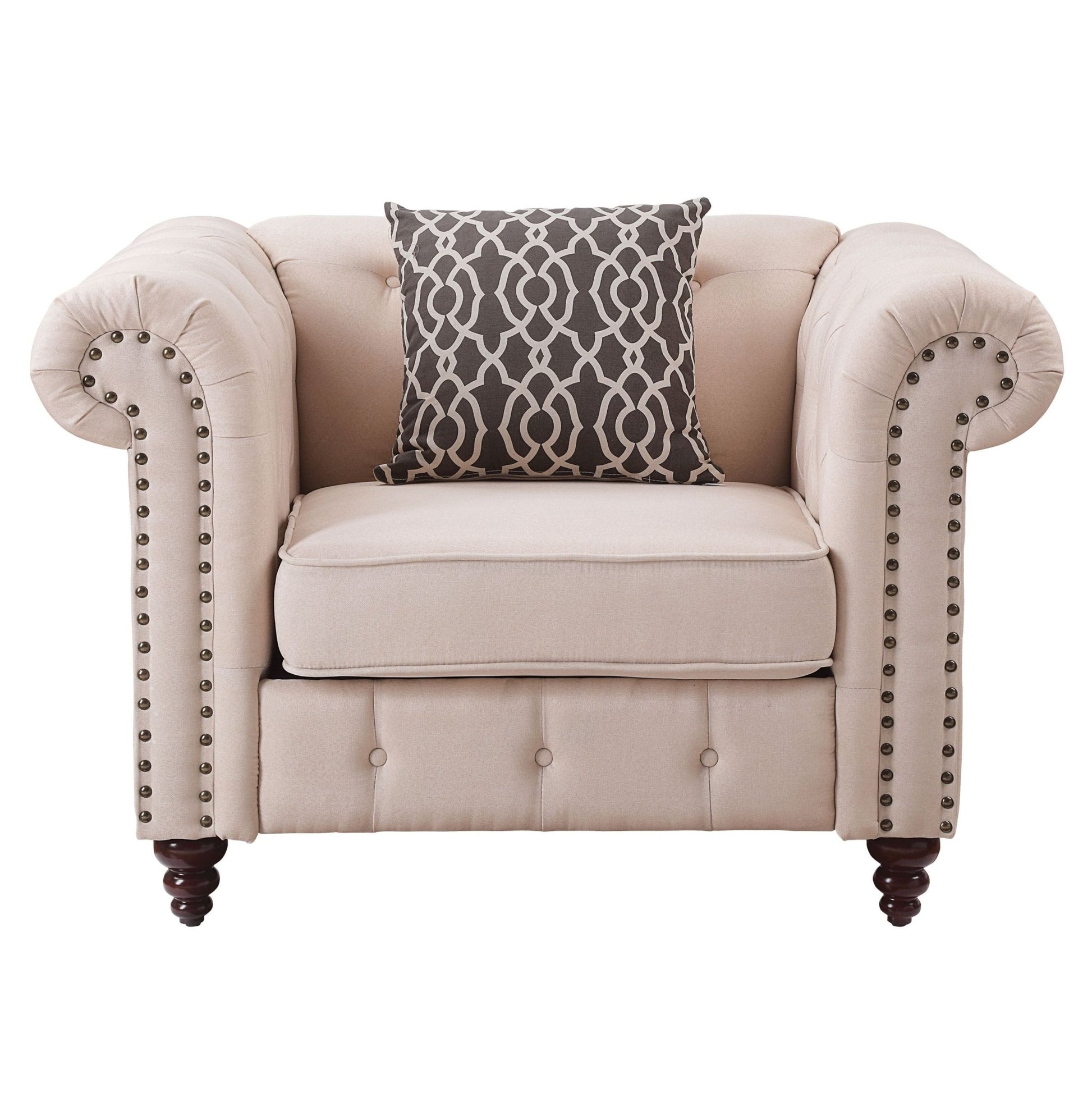 Beige Linen Chesterfield Accent Chair with Nailhead Trim - 1st Choice Furniture Direct