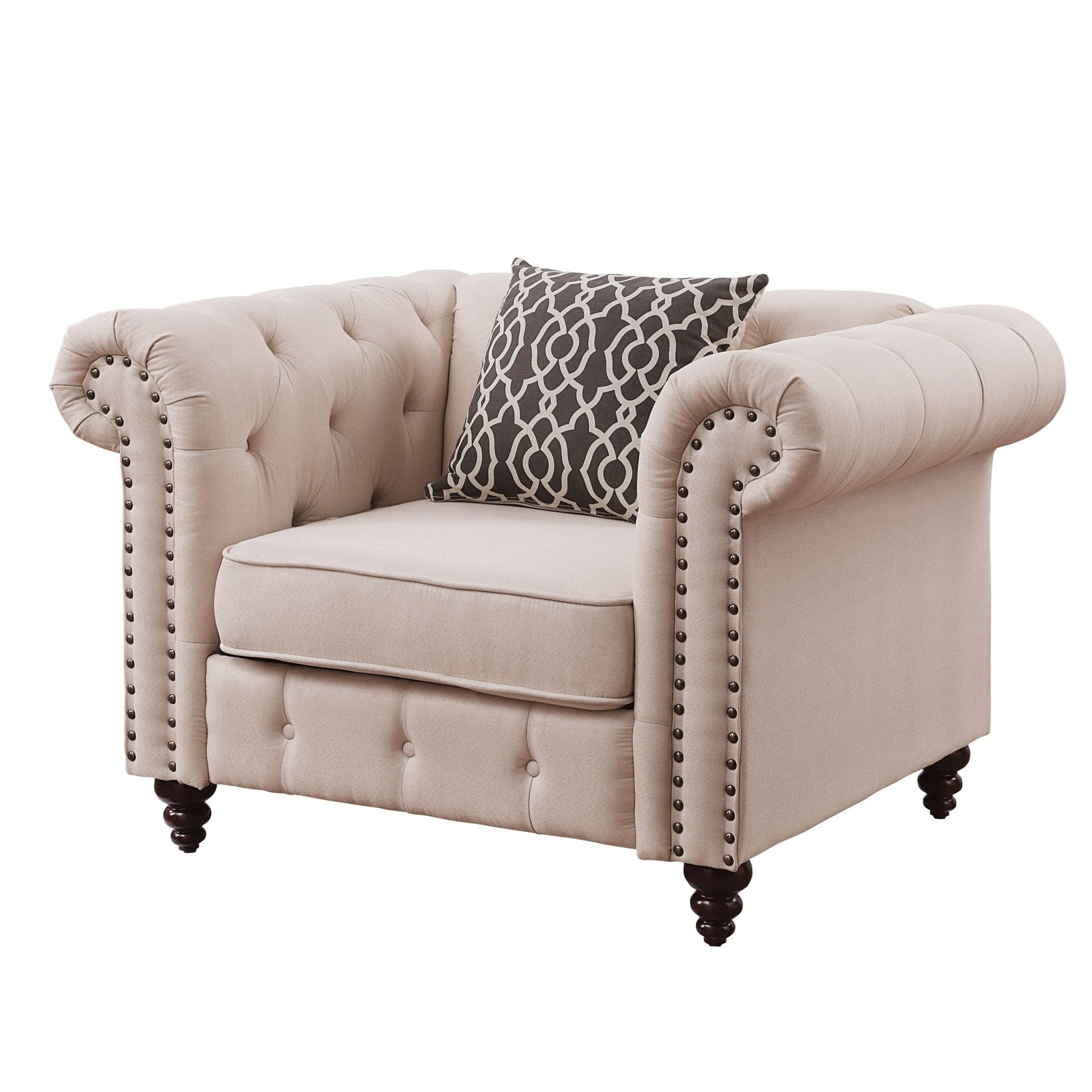 Beige Linen Chesterfield Accent Chair with Nailhead Trim - 1st Choice Furniture Direct