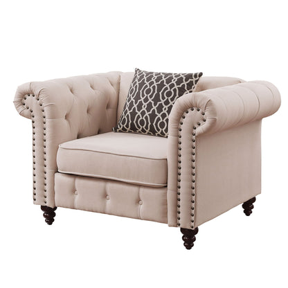 Beige Linen Chesterfield Accent Chair with Nailhead Trim - 1st Choice Furniture Direct