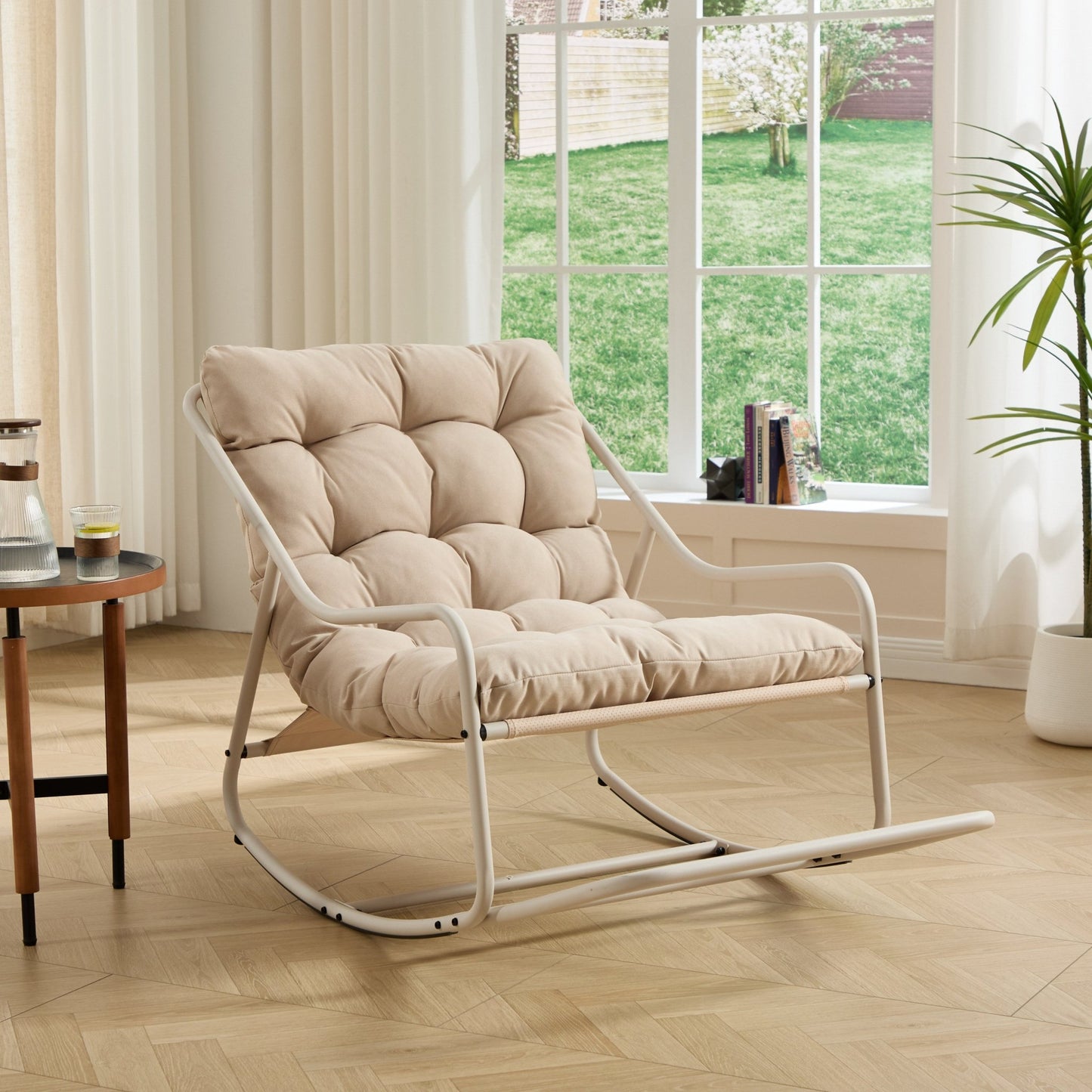 Beige Outdoor Rocking Lounge Chair with Ottoman - 1st Choice Furniture Direct
