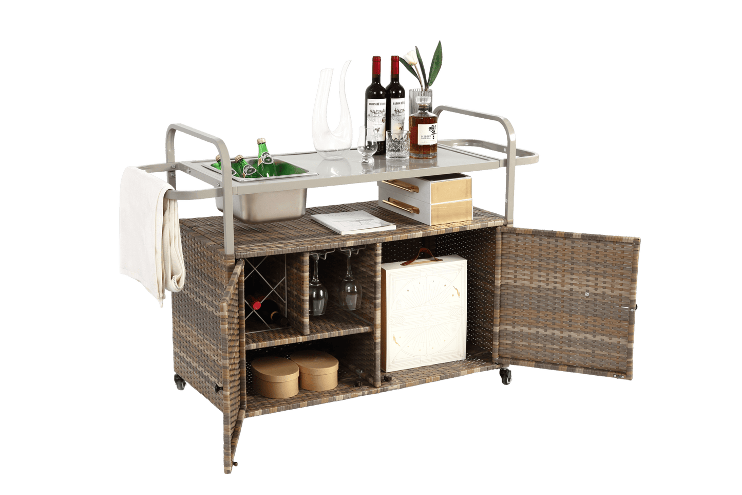 Beige Outdoor Wicker Bar Cart with Cabinet and Steel Top - 1st Choice Furniture Direct