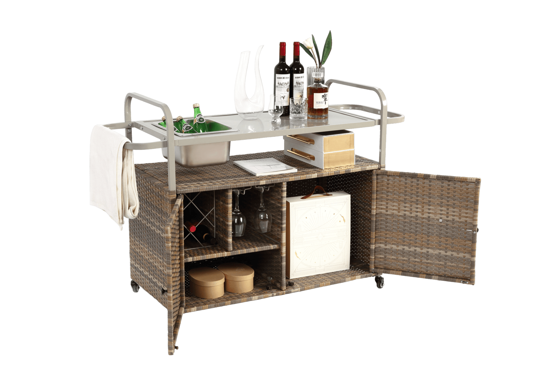 Beige Outdoor Wicker Bar Cart with Cabinet and Steel Top - 1st Choice Furniture Direct