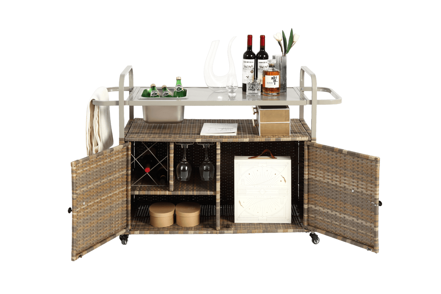 Beige Outdoor Wicker Bar Cart with Cabinet and Steel Top - 1st Choice Furniture Direct