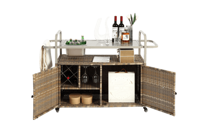 Beige Outdoor Wicker Bar Cart with Cabinet and Steel Top - 1st Choice Furniture Direct
