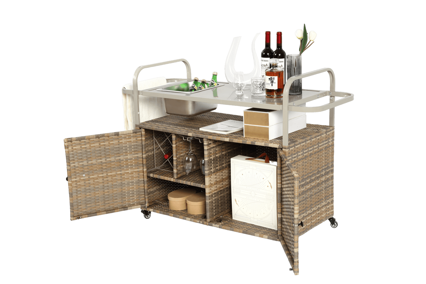 Beige Outdoor Wicker Bar Cart with Cabinet and Steel Top - 1st Choice Furniture Direct