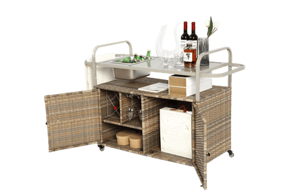 Beige Outdoor Wicker Bar Cart with Cabinet and Steel Top - 1st Choice Furniture Direct
