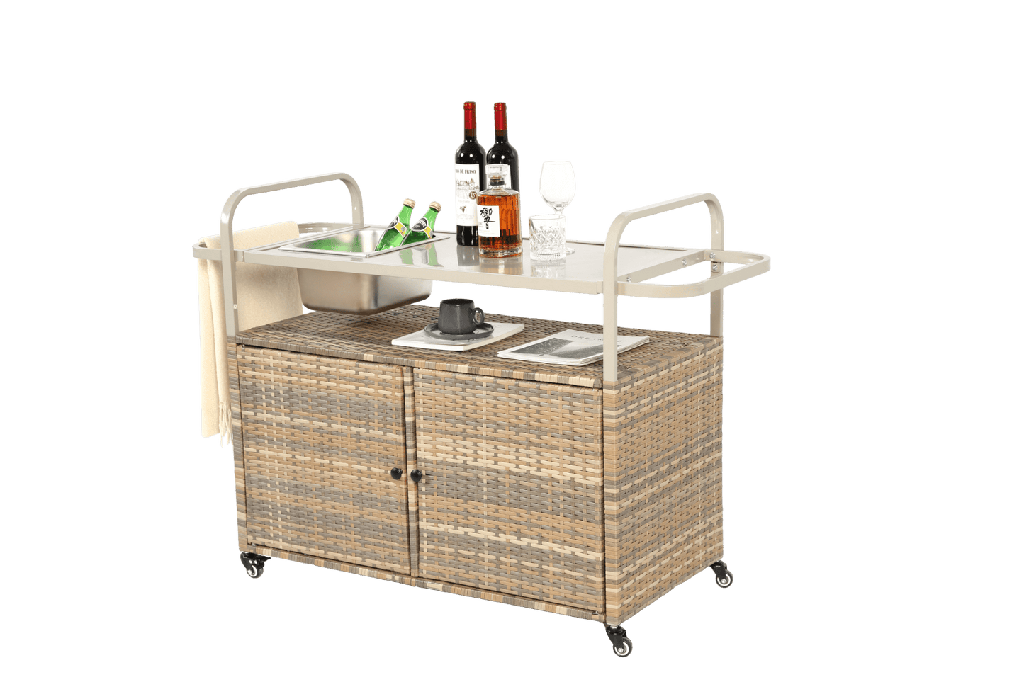 Beige Outdoor Wicker Bar Cart with Cabinet and Steel Top - 1st Choice Furniture Direct