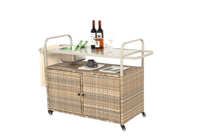Beige Outdoor Wicker Bar Cart with Cabinet and Steel Top - 1st Choice Furniture Direct