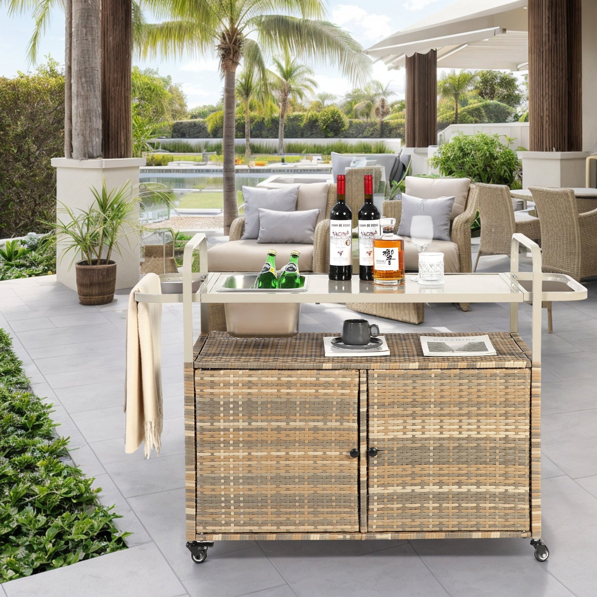 Beige Outdoor Wicker Bar Cart with Cabinet and Steel Top - 1st Choice Furniture Direct