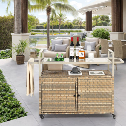 Beige Outdoor Wicker Bar Cart with Cabinet and Steel Top - 1st Choice Furniture Direct
