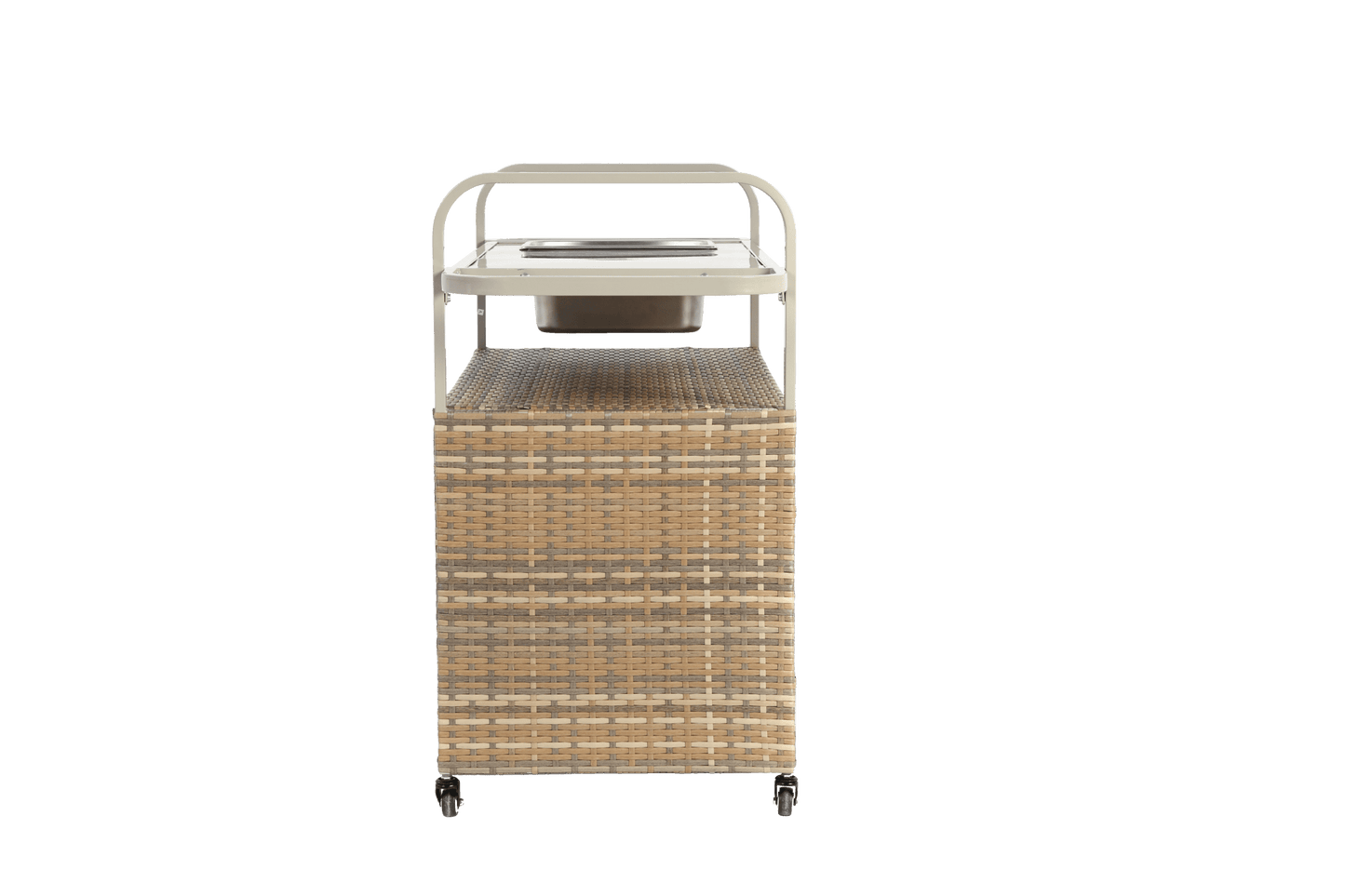 Beige Outdoor Wicker Bar Cart with Cabinet and Steel Top - 1st Choice Furniture Direct