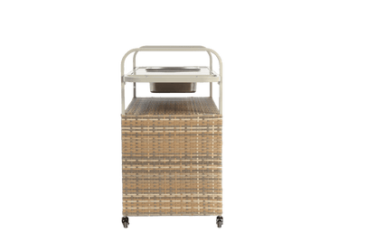Beige Outdoor Wicker Bar Cart with Cabinet and Steel Top - 1st Choice Furniture Direct