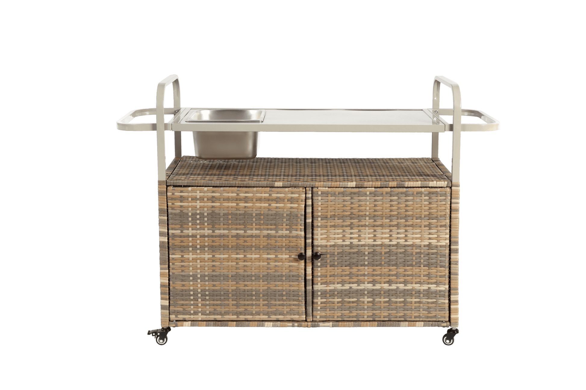 Beige Outdoor Wicker Bar Cart with Cabinet and Steel Top - 1st Choice Furniture Direct