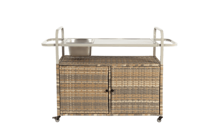 Beige Outdoor Wicker Bar Cart with Cabinet and Steel Top - 1st Choice Furniture Direct