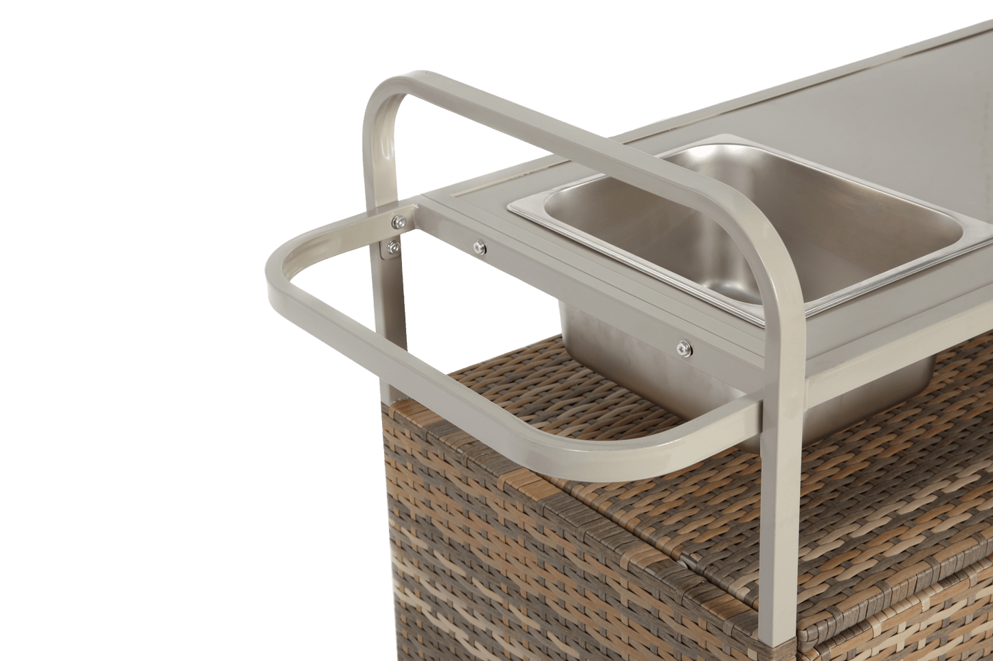 Beige Outdoor Wicker Bar Cart with Cabinet and Steel Top - 1st Choice Furniture Direct